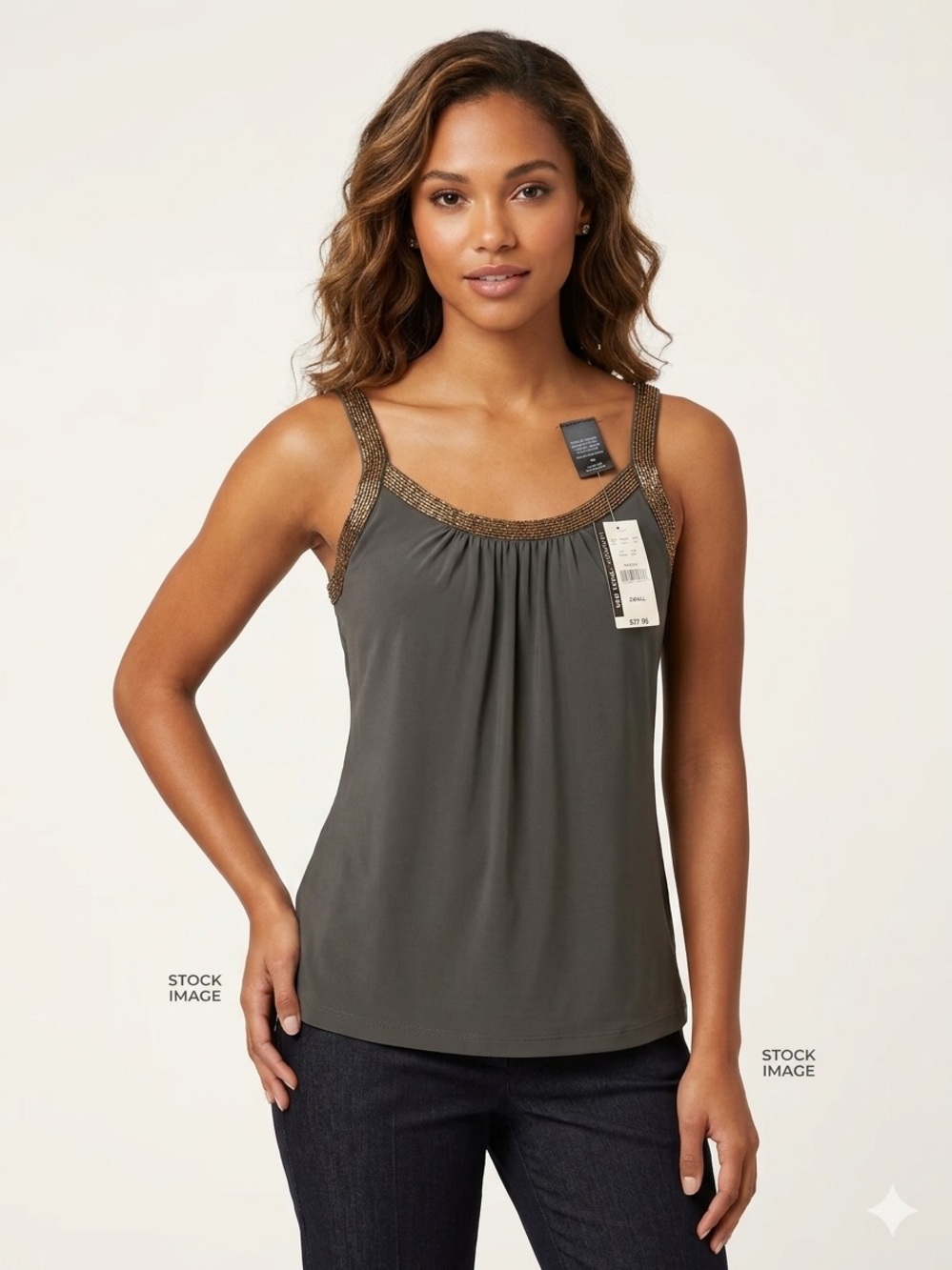 NWT New York & Company Olive Green Beaded Strap Tank Top - Small